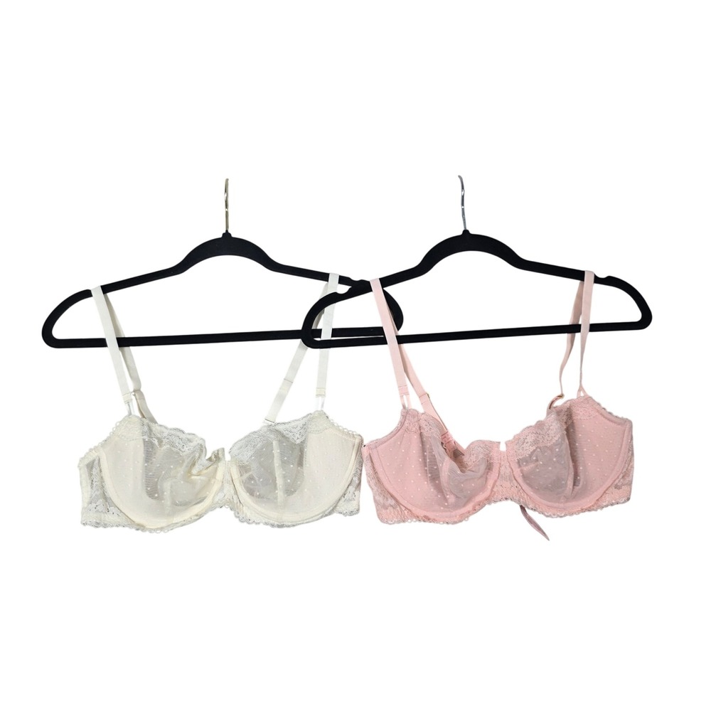 Dobreva Lace Mesh Bra Set 2pk Sheer Polka Dot Underwire Ivory Pink 38B Lingerie